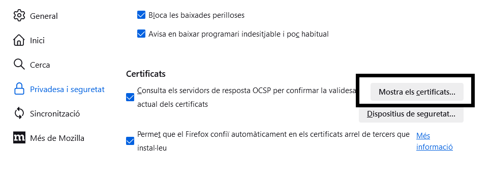 Selecciona mostra els certificats