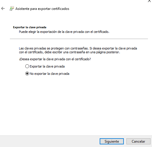 Sélectionnez l'option Ne pas exporter la clé privée